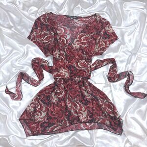 y2k Blouse Red Excellent Paisley Wrap Top Short Sleeve V-Neck Only Nine